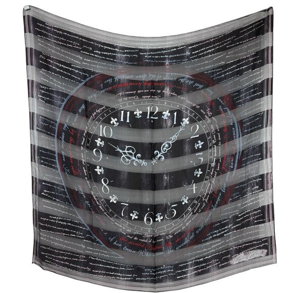 Vintage Anne Klein Silk Scarf Clock 20.5" Square Black Teacher Time Calligraphy - Picture 1 of 13